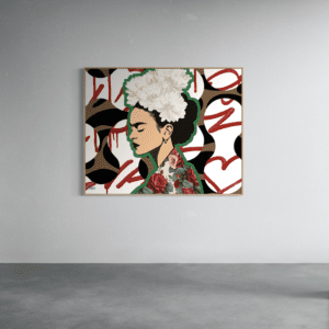 Original Frida’s Love painting with artificial flowers displayed on wall